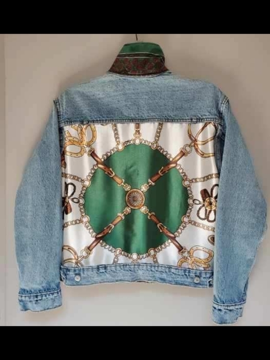 Old Navy Jackets & Blazers - Upcycled Green Silk-Panel Denim Jacket - Women